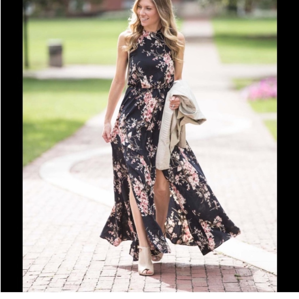 Lulu’s Feel the Music Midnight Navy Blue Floral Print Maxi Dress XS easter